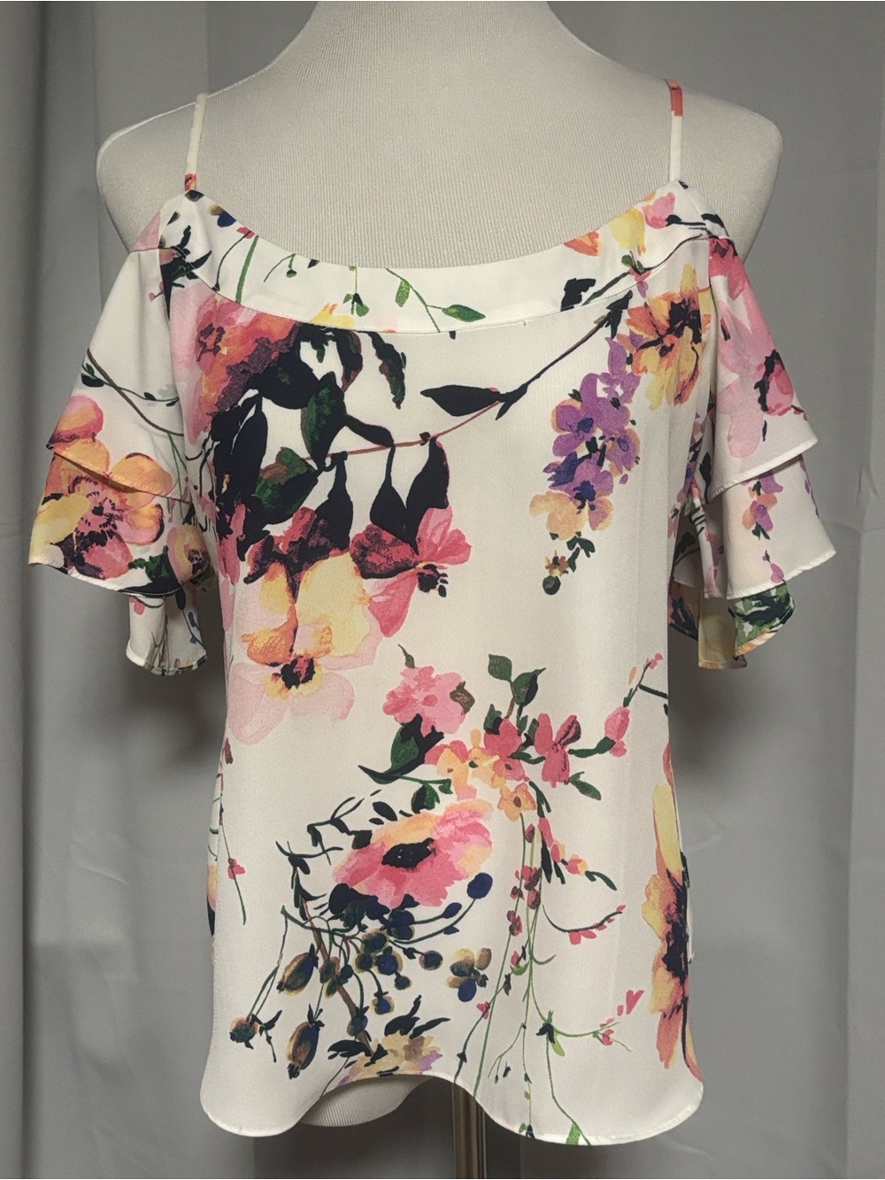 Floral Cold-Shoulder Camisole Top - White with Pink & Yellow Flowers
